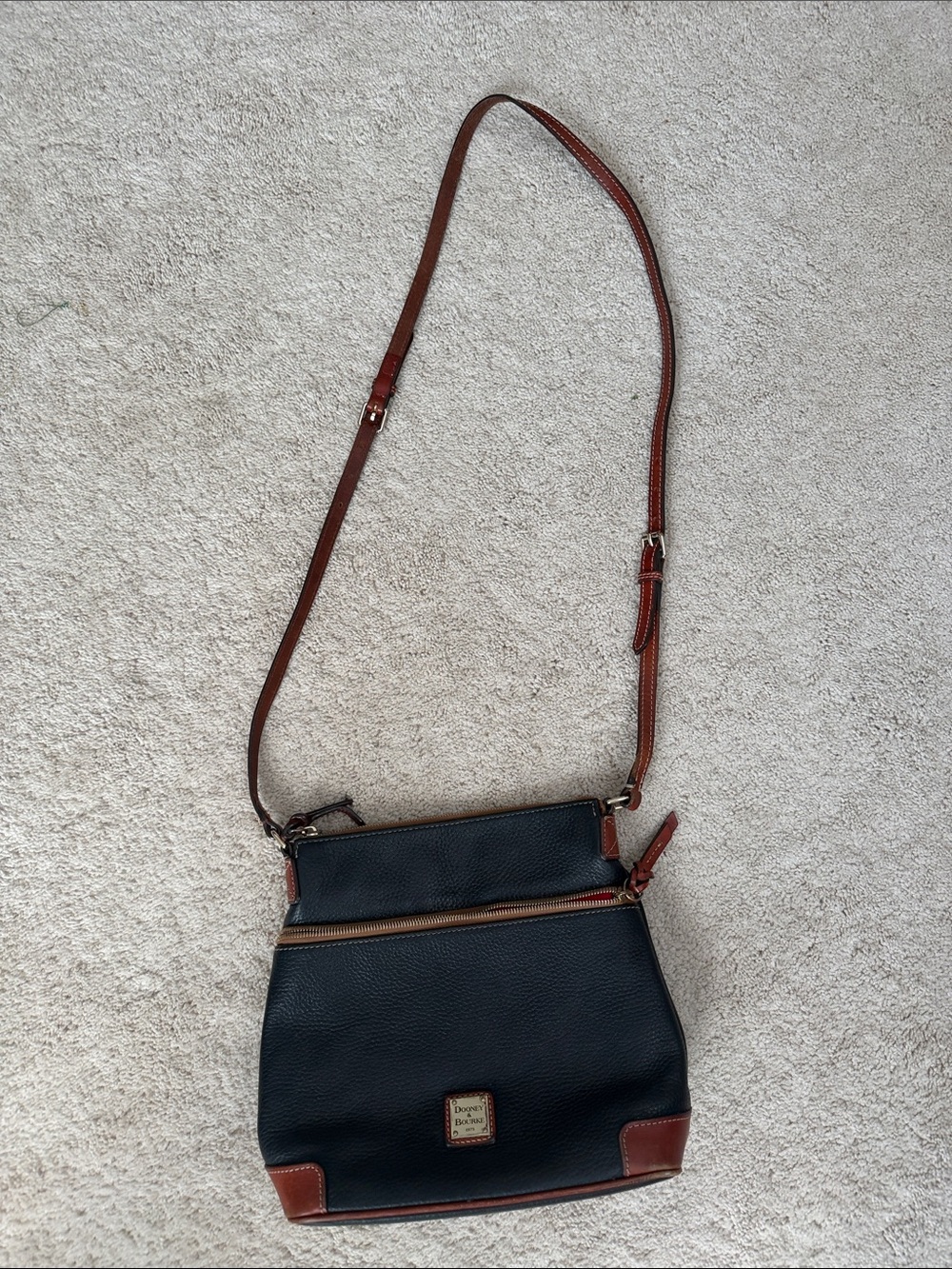 Dooney & Bourke Black Pebbled Leather Crossbody Bag with Brown Trim